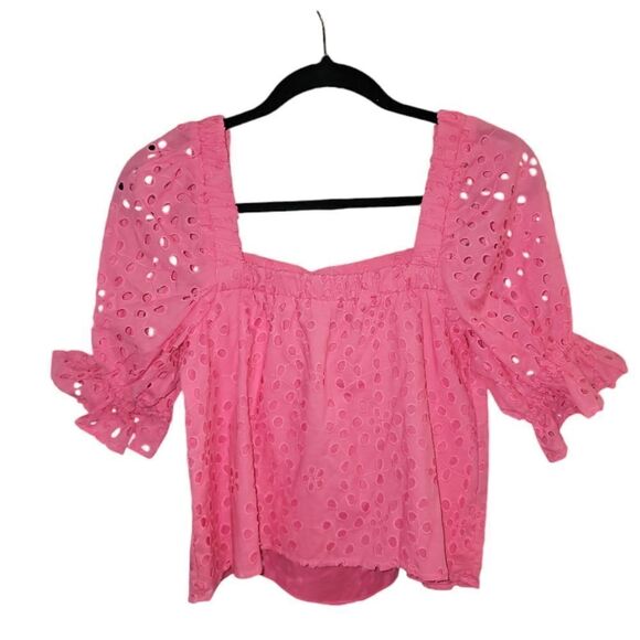 1. State Pink Eyelet Puff-Sleeve Square Neck Top Size Small, NWT - Picture 5 of 6